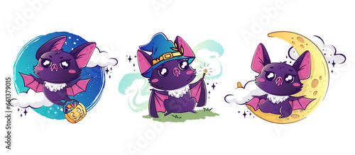 Set of bats for Halloween. Characters in Halloween costumes. Cute kawaii animals for holidays