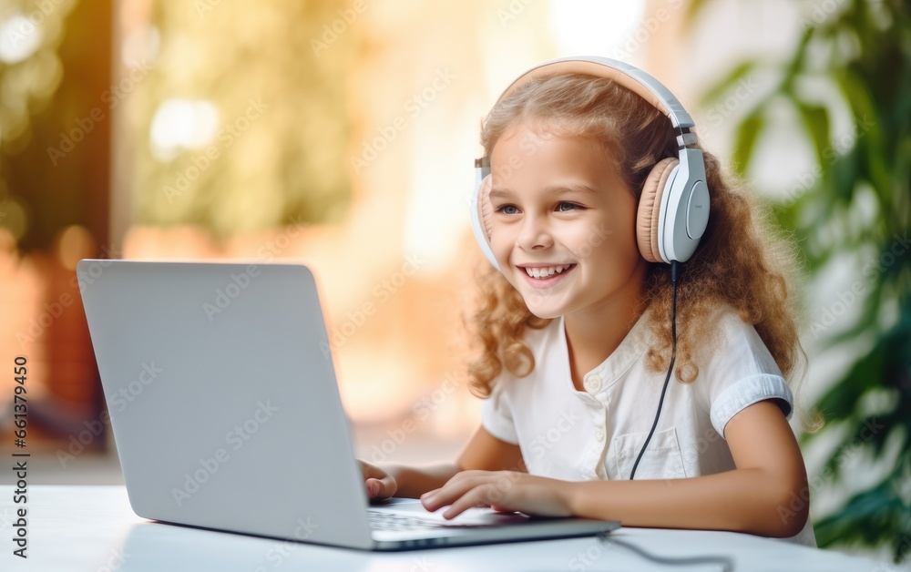 Smiling little girl in headphones have video call distant class with teacher using laptop, homeschooling concept Smiling little girl in headphones have video call distant class with teacher using laptop, homeschooling concept
