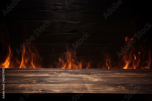 Old wood table with flame effect on dark background