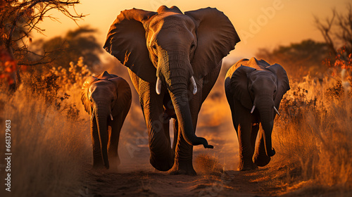 Elephants at sunset in Chobe National Park, Botswana, Africa. ia generated © ImagineStock