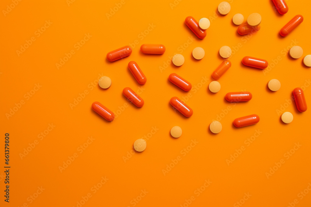 Medicine pills and tablets , painkillers or drugs on pastel border background. Top dwon view. Generative Ai Medicine pills and tablets , painkillers or drugs on pastel border background. Top dwon view. Generative Ai