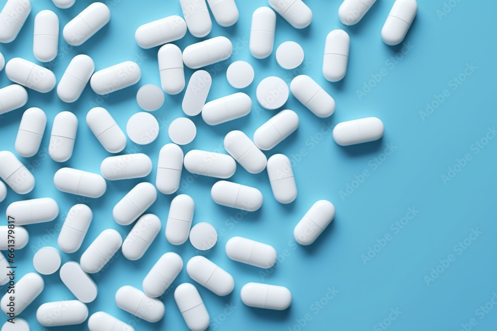 Medicine pills and tablets , painkillers or drugs on pastel border background. Top dwon view. Generative Ai Medicine pills and tablets , painkillers or drugs on pastel border background. Top dwon view. Generative Ai