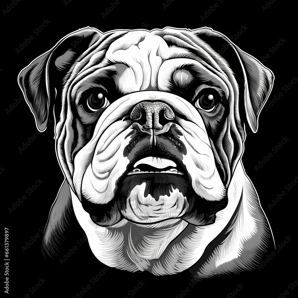 Portrait of cute bulldog, black and white illustration. Black ...