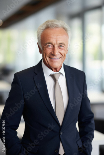 Portrait of smiling businessman in suit in office. © Synthetica