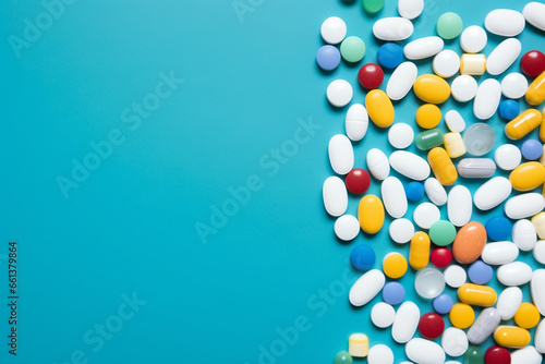 Medicine pills and tablets   painkillers or drugs on pastel border background. Top dwon view. Generative Ai