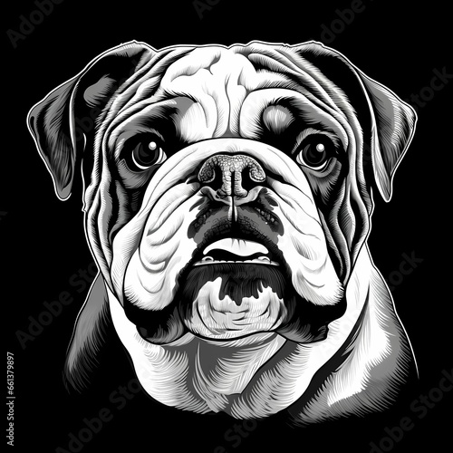 Portrait of cute bulldog, black and white illustration. Black background, high contrast.