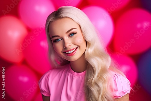 Lady with pink balloons background. Studio woman event with party looking. Generate AI