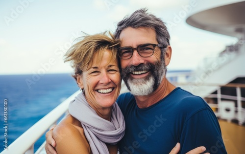 Smiling mature couple embracing on a cruise ship deck with ocean in the background © Jan