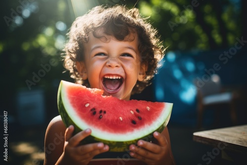 Excited child holding a juicy watermelon slice in sunlight