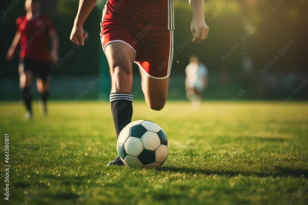 Unrecognizable soccer player hit the ball. AI generated