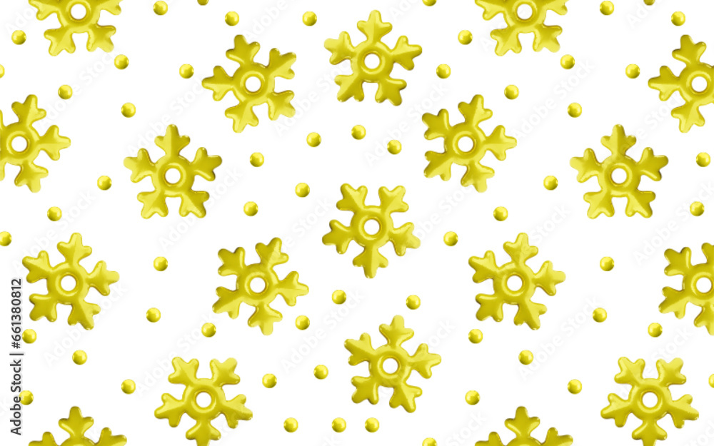 Vector 3d glossy golden snowflake pattern white background. Cute Christmas, New year and winter shiny frozen snow background. 3d render snowflakes print for web, wallpaper, greeting card