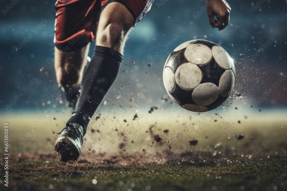 Naklejka premium Unrecognizable soccer player hit the ball. AI generated