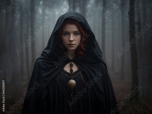 A young witch, blue eyes, mysterious look wearing a black cloak with a hood in a foggy forest, charming and mysterious, eerie and mysterious mood