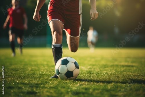 Unrecognizable soccer player hit the ball. AI generated