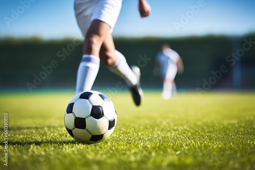 Unrecognizable soccer player hit the ball. AI generated © tiena
