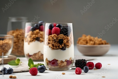 yogurt granola parfait with blueberry and raspberry, healthy breakfast with yogurt granola, copy space, generative ai