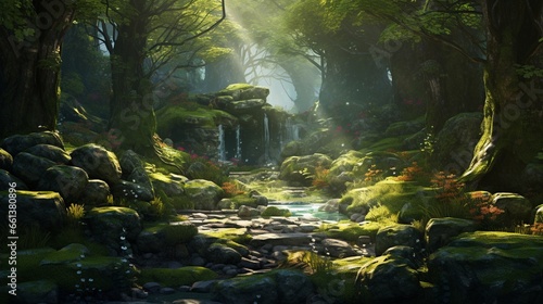 An enchanted woodland glade  with moss-covered boulders and dappled sunlight filtering through.
