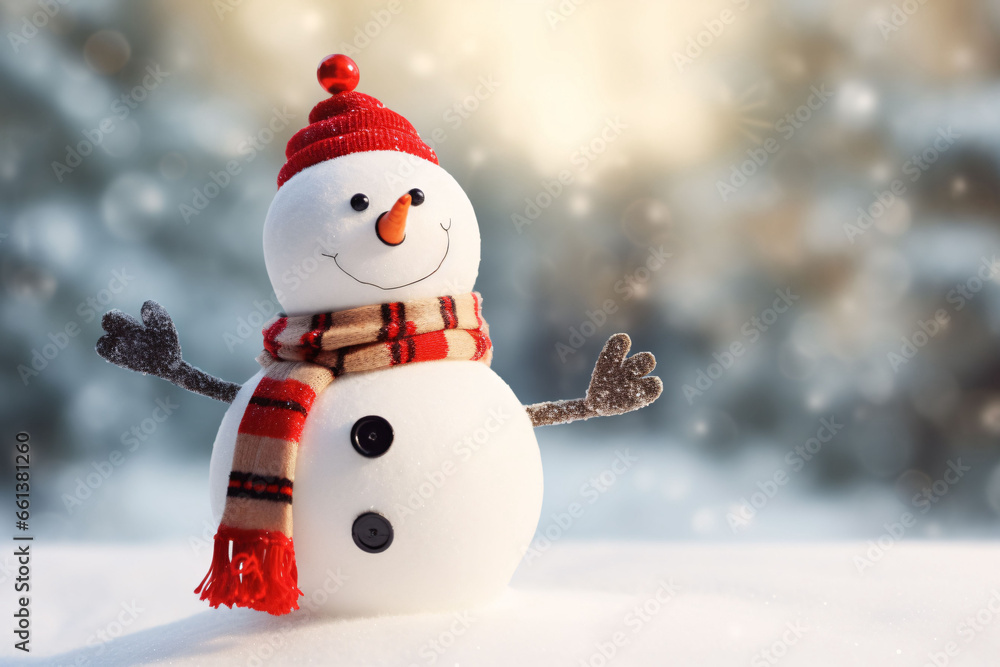 Fototapeta premium Happy Christmas snowman background in winter snow scene with blurred background