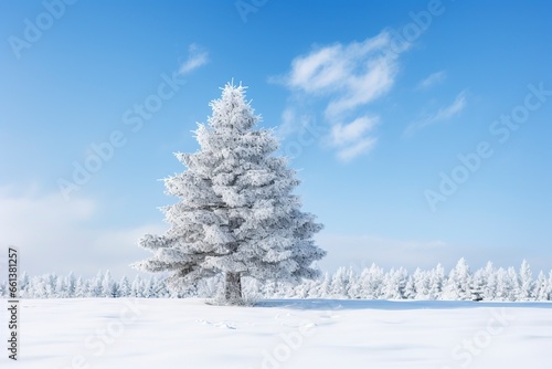 snowy pine tree in winter, in the style of bokeh panorama, generative ai © Nia™