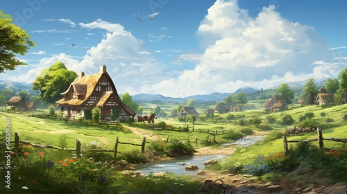 A bucolic countryside with quaint cottages dotting the pastoral scenery.