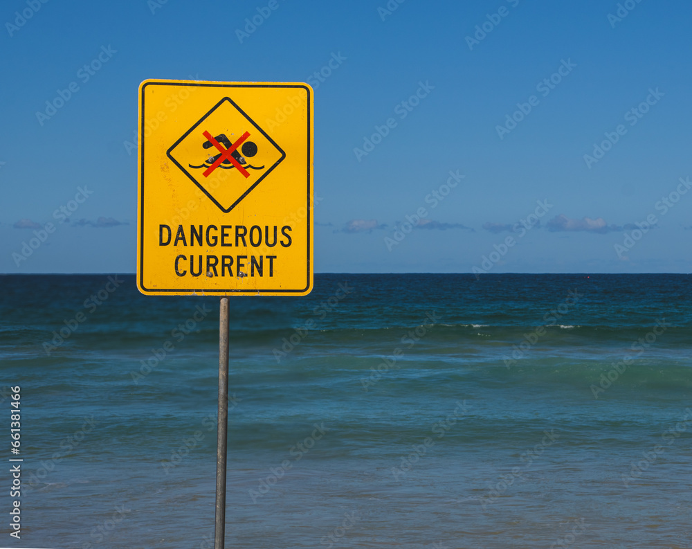 Warning sign for swimmers to beware dangerous currents, Manly Beach, Sydney