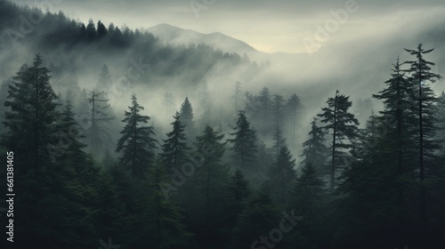 A dense fog settling over a serene pine forest, imparting an air of mystery.