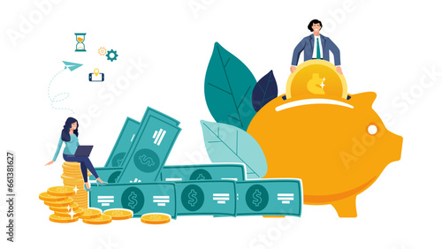 Piggy Bank Savings. Businessmen save money, investor, finance, penny, dollar.Woman at the laptop office worker implementing a business plan.Concept of successful business.Flat design of people, vector