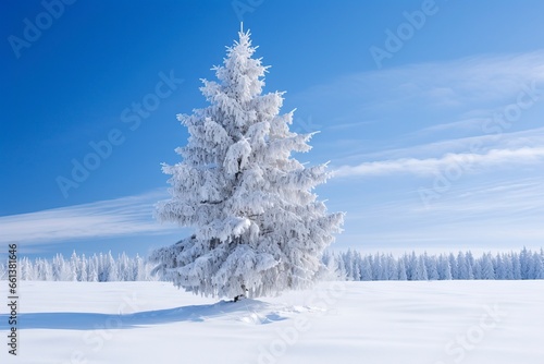 snowy pine tree in winter, in the style of bokeh panorama, generative ai