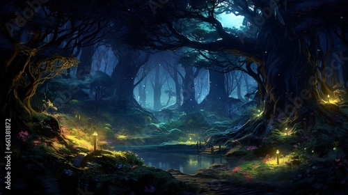 A secluded grove illuminated by bioluminescent flora under a canopy of stars.