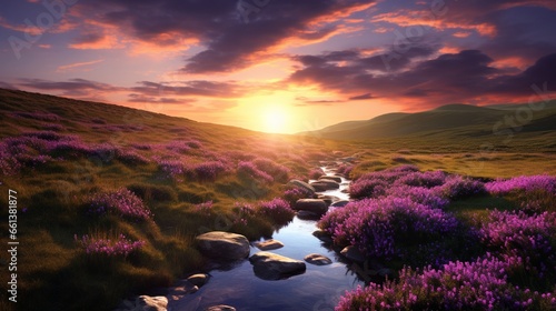 A serene moorland bathed in twilight, with heather in full bloom.