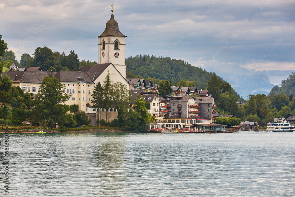 St. wolfgang im salzkammergut village, mountains and lake. Austrian attraction