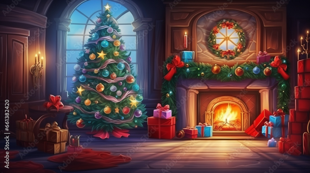 interior christmas. magic glowing tree, fireplace and gifts, blank space. ai generative