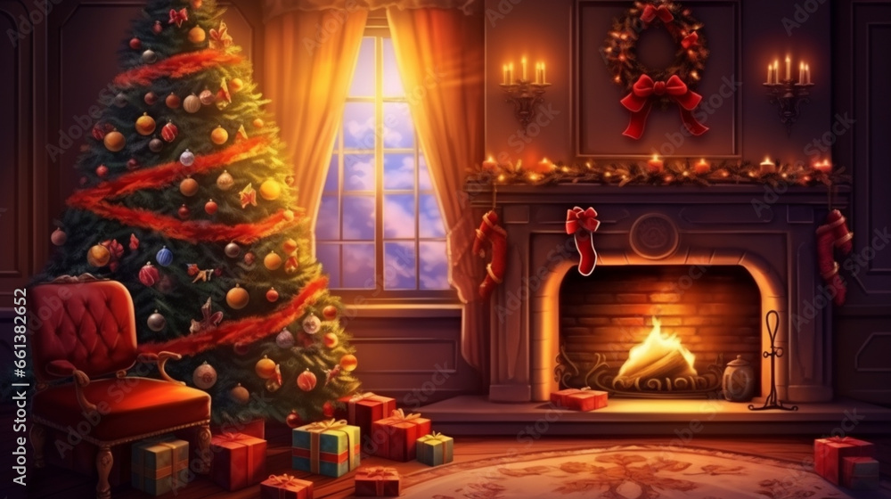 interior christmas. magic glowing tree, fireplace, gifts in dark at night. ai generative