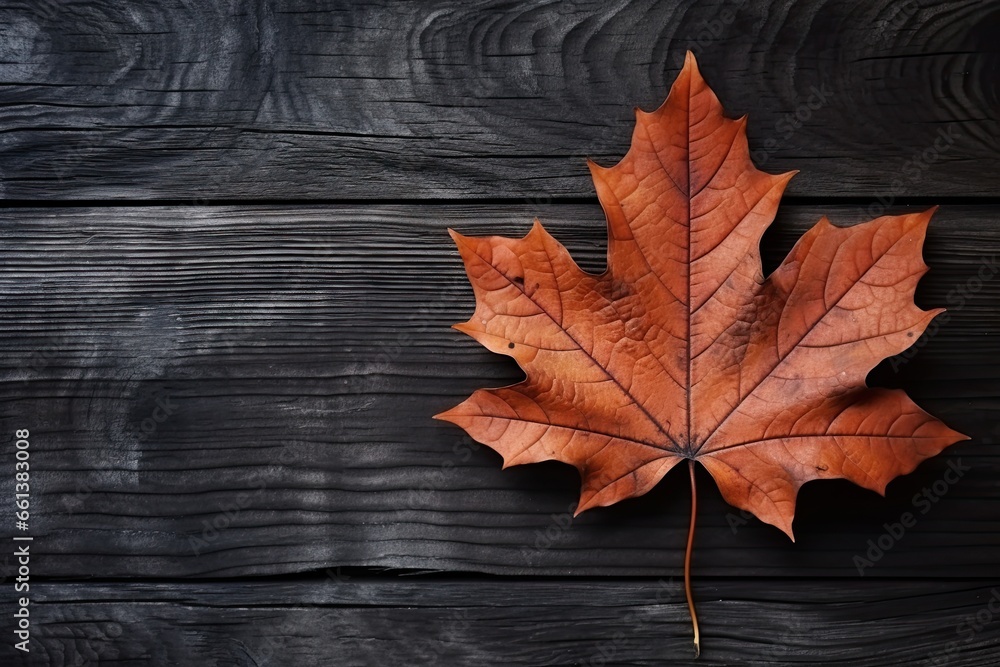 Autumn's Gentle Embrace: A Lone Maple Leaf on Rich Wooden Planks Showcasing Nature's Beauty. Generative AI