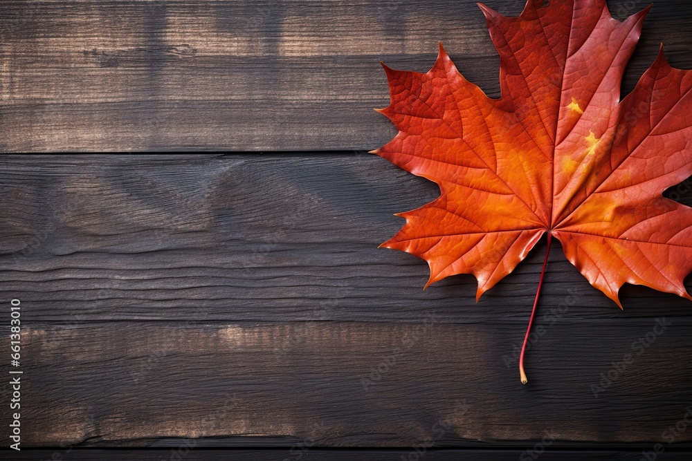 Autumn's Gentle Embrace: A Lone Maple Leaf on Rich Wooden Planks Showcasing Nature's Beauty. Generative AI Autumn's Gentle Embrace: A Lone Maple Leaf on Rich Wooden Planks Showcasing Nature's Beauty. Generative AI