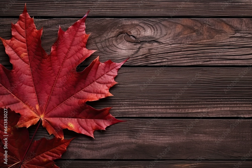 Autumn's Gentle Embrace: A Lone Maple Leaf on Rich Wooden Planks Showcasing Nature's Beauty. Generative AI Autumn's Gentle Embrace: A Lone Maple Leaf on Rich Wooden Planks Showcasing Nature's Beauty. Generative AI