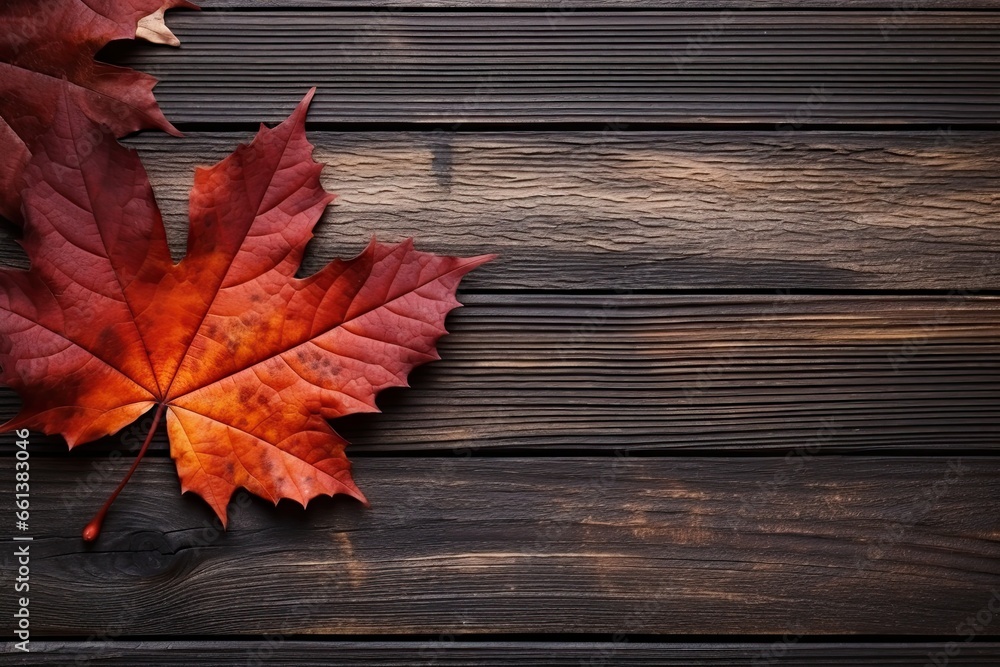 Autumn's Gentle Embrace: A Lone Maple Leaf on Rich Wooden Planks Showcasing Nature's Beauty. Generative AI Autumn's Gentle Embrace: A Lone Maple Leaf on Rich Wooden Planks Showcasing Nature's Beauty. Generative AI