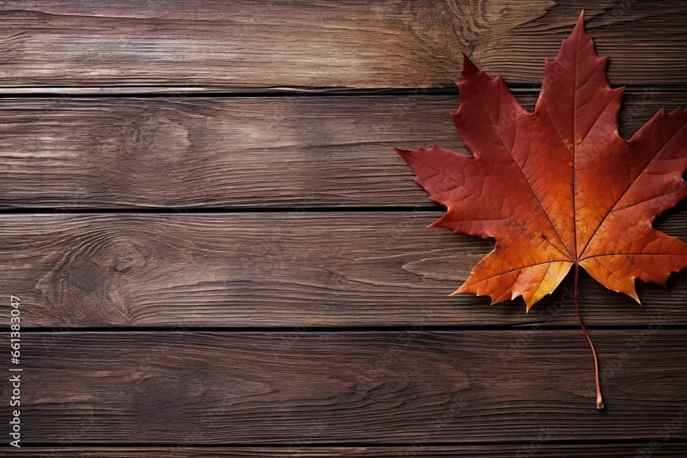 Autumn's Gentle Embrace: A Lone Maple Leaf on Rich Wooden Planks Showcasing Nature's Beauty. Generative AI Autumn's Gentle Embrace: A Lone Maple Leaf on Rich Wooden Planks Showcasing Nature's Beauty. Generative AI