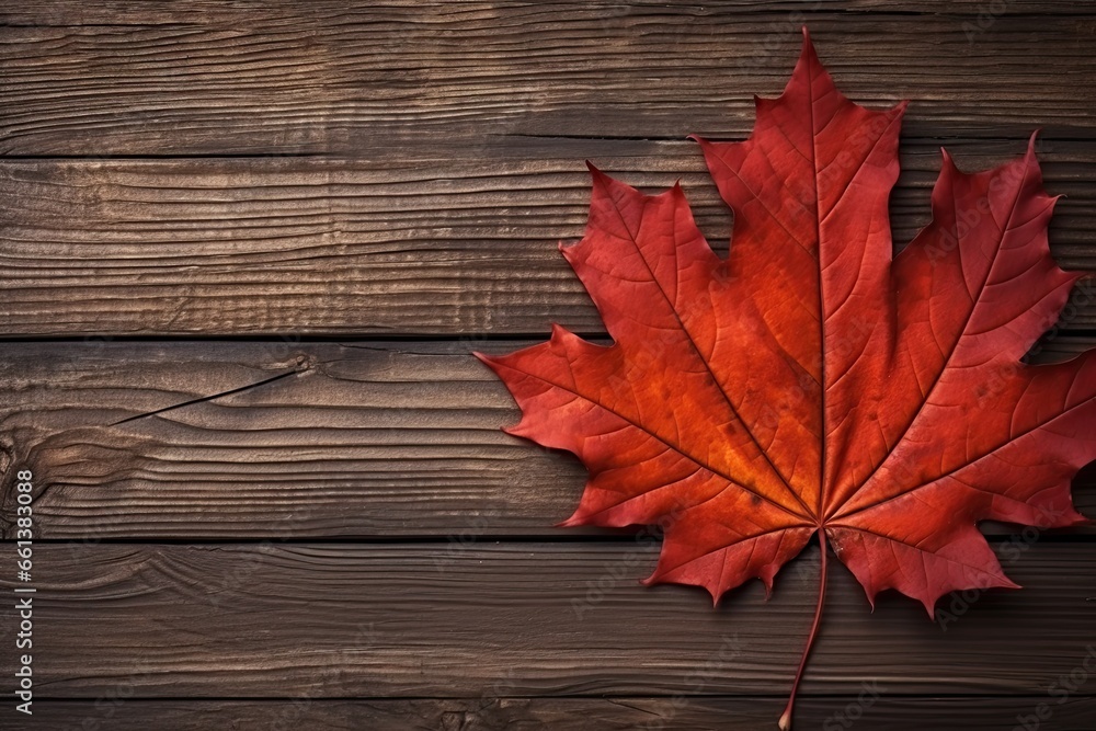 Autumn's Gentle Embrace: A Lone Maple Leaf on Rich Wooden Planks Showcasing Nature's Beauty. Generative AI Autumn's Gentle Embrace: A Lone Maple Leaf on Rich Wooden Planks Showcasing Nature's Beauty. Generative AI