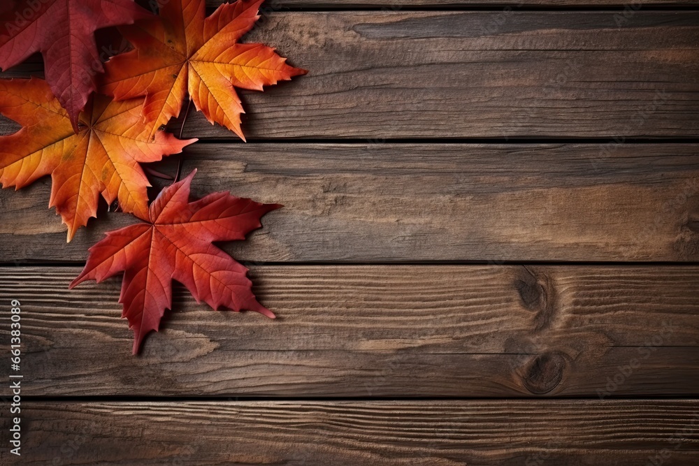 Autumn's Gentle Embrace: A Lone Maple Leaf on Rich Wooden Planks Showcasing Nature's Beauty. Generative AI Autumn's Gentle Embrace: A Lone Maple Leaf on Rich Wooden Planks Showcasing Nature's Beauty. Generative AI