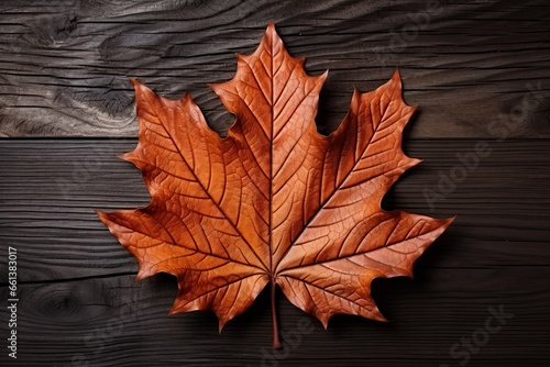 Autumn's Gentle Embrace: A Lone Maple Leaf on Rich Wooden Planks Showcasing Nature's Beauty. Generative AI