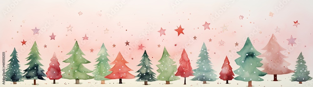 Obraz premium Xmas background. Christmas trees with colored stars falling. Generative AI