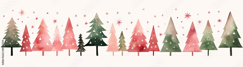Xmas background. Christmas trees with colored stars falling. Generative AI