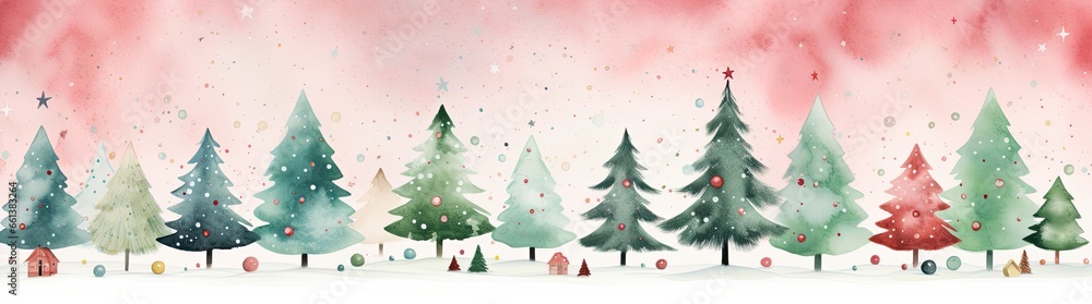 Xmas background. Christmas trees with colored stars falling. Generative AI