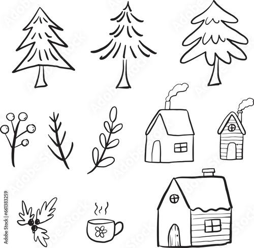 Doodle illustration of winter object such as tree, leaf, house, fireplace wood, etc. Black and white line illustration.