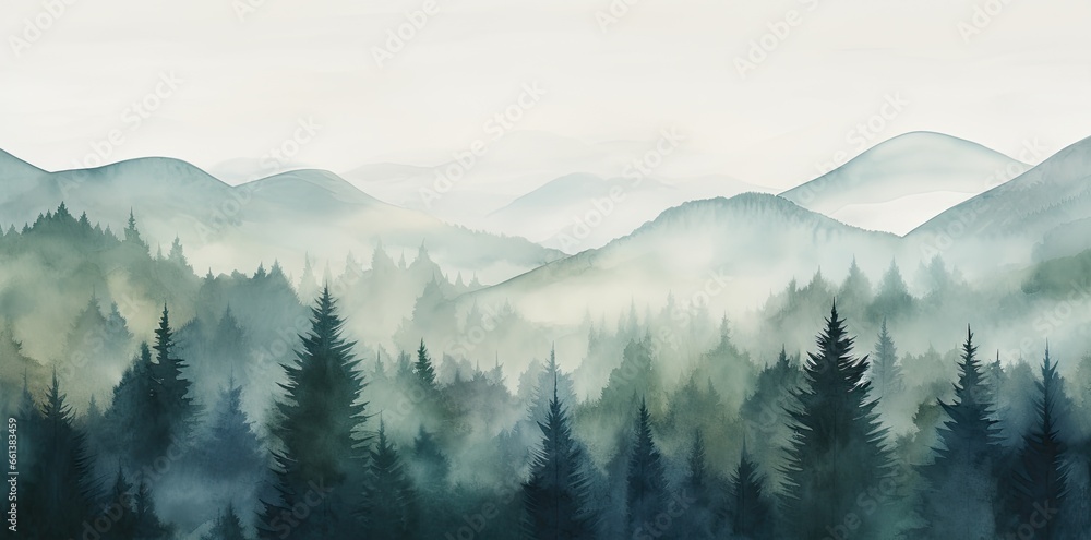 Obraz premium Landscape with blue misty forest trees. Generative AI