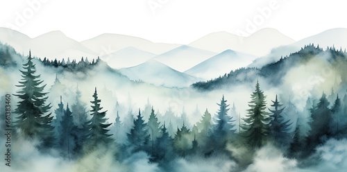 Landscape with blue misty forest trees. Generative AI