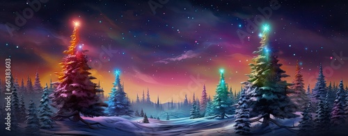 Magic colorful night landscape with pine trees and an amazing sky. Generative AI © Gelpi