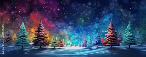 Magic colorful night landscape with pine trees and an amazing sky. Generative AI © Gelpi