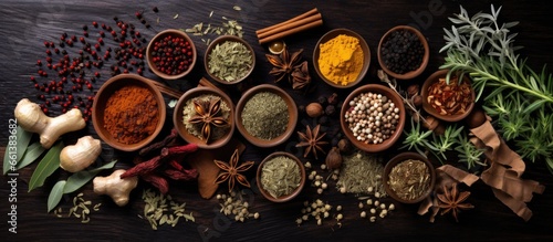 Top view of adaptogenic food selection including herbs spices and fruit used in herbal medicine to combat stress and aid in restoring normal body function With copyspace for text